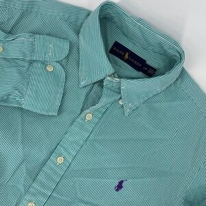 Ralph Lauren Mens Button Down Shirt Green White Stripe Long Sleeve Classic Fit L